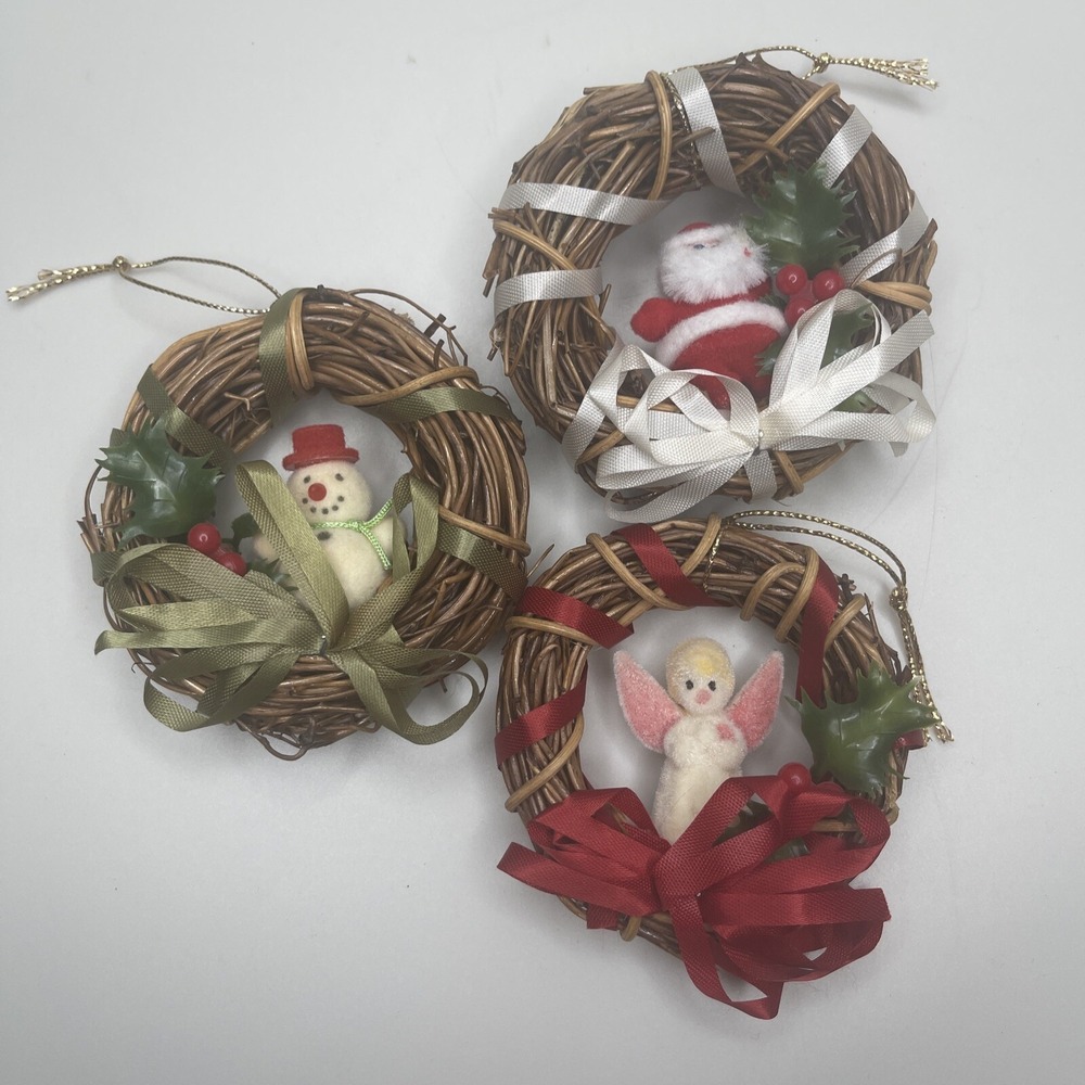 Vtg Christmas Ornaments Set Woven Wreaths‎ Flocked Figurines Santa Angel Snowman